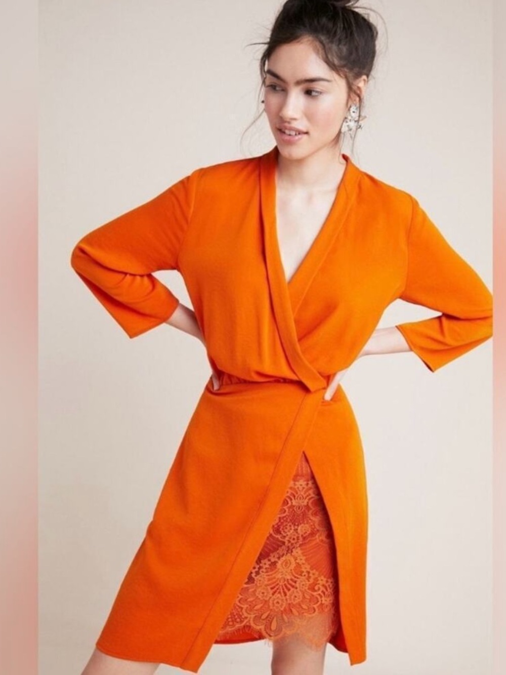NSR Anthropologie Naomi Surplice Dress Lace detail Orange XS